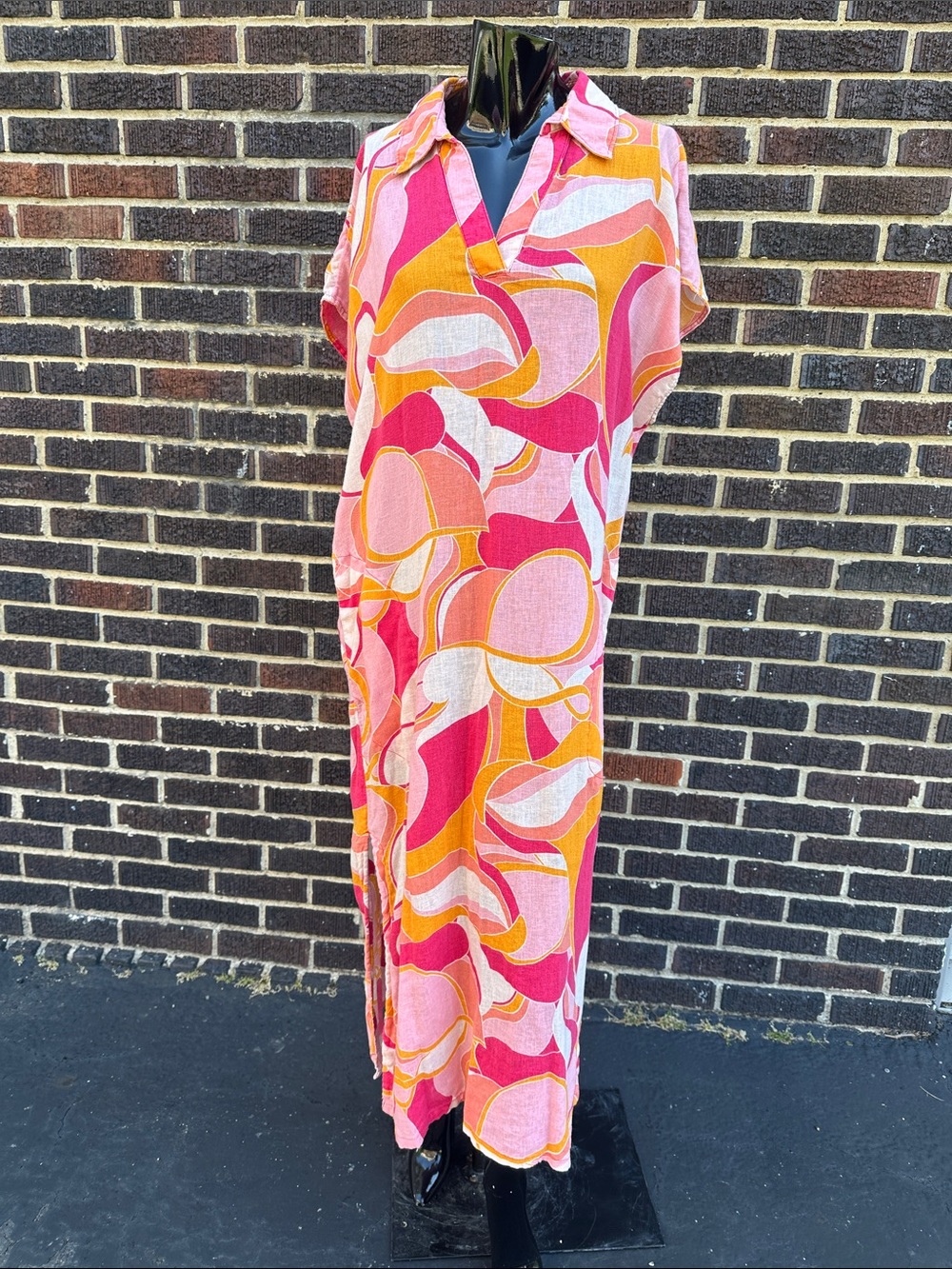 Rachel Zoe Pink & Orange Abstract Collared Caftan Maxi Dress